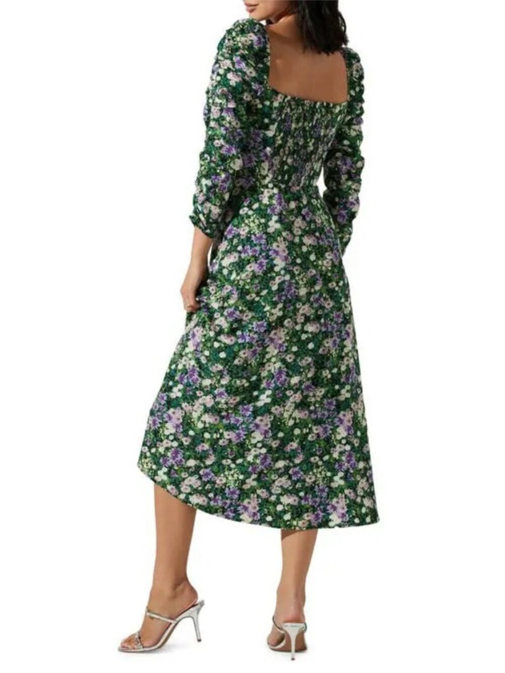 Like New Astr Ruched Sleeve Floral Midi Dress Green Purple XS - Picture 2 of 8